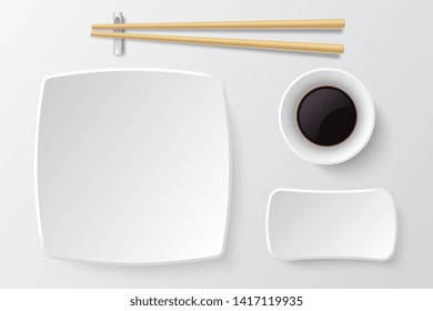 Chopsticks And Empty Sushi Plate. Asian Restaurant Dishes Mockup. Japanese Plate Restaurant For Dinner Meal Illustration