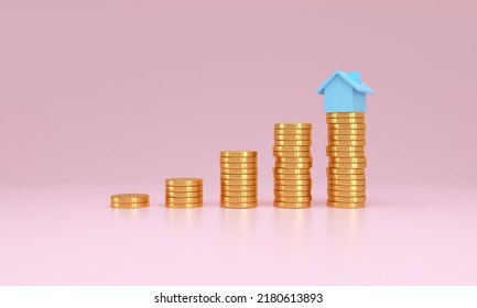 The Chose One House Model On Top Of Stack Of Coins. Real Estate Market Growth Concept. 3D Rendering.