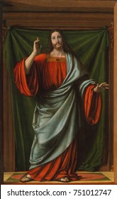 CHRIST BLESSING, By Andrea Solario, 1490-1524, Italian Renaissance Painting, Oil On Wood. This Figure Is Painted Slightly Larger Than Life And Rendered With Deeply Modeled Volumetric Forms. It Must Ha