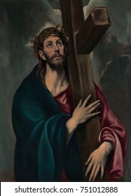 CHRIST CARRYING THE CROSS, by El Greco, 1577_87, Spanish Renaissance painting, oil on canvas. This is a devotional image, in which Christ is portrayed as vulnerable, emotional human. El Greco paints C