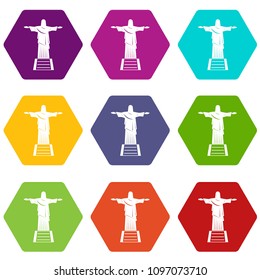 The Christ The Redeemer Statue Icon Set Many Color Hexahedron Isolated On White Illustration