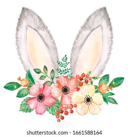 Christ Is Risen. Watercolor Rabbit Ears. Bunny Ears With A Floral Wreath. Easter, Rabbit, Hare, Child's Drawing, Postcard, Invitation, Congratulation, Funny Easter Card, Easter Drawing