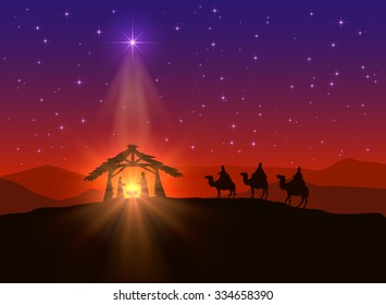 Christian background with Christmas star and birth of Jesus, illustration. - Shutterstock ID 334658390