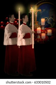 Christian catholic altar boys or servers in red cassock and white surplice, carrying a lit candle in a church
