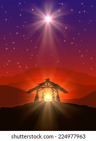 Christian Christmas scene with birth of Jesus and shining star in the sky, illustration.