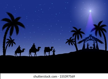 Christian Christmas scene with the three wise men and star, illustration.