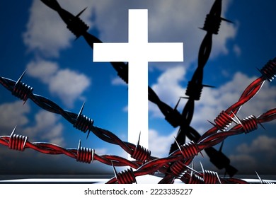 Christian cross with barbed wire. Concept of attacks on Christianity. Catholicism and Orthodoxy. Metaphor for fighting religion. Christian crucifix. Attacks on Catholic faith. 3d rendering. - Powered by Shutterstock