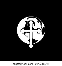 Christian cross with globe Earth icon isolated on dark background 