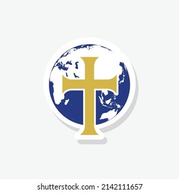 Christian cross with globe Earth sticker icon isolated on white background