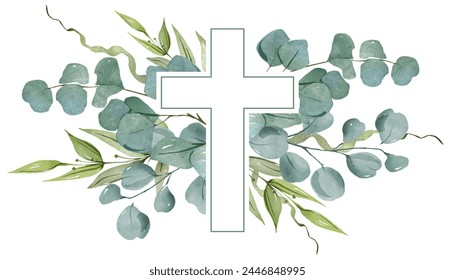 Christian cross with green leaves. Watercolor illustration for Easter, Baptism, Christening, invitations, cards, packaging. - Powered by Shutterstock