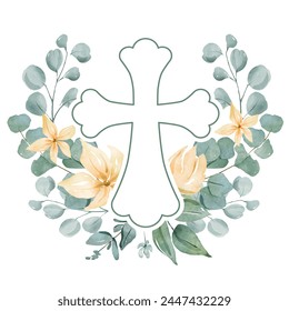 Christian cross with green leaves and yellow flowers. Watercolor illustration for Easter, Baptism, Christening, invitations, cards, packaging. - Powered by Shutterstock