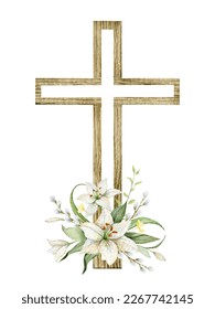 Christian Cross made green leaves   white Lily flowers  Watercolor illustration for design for Easter  Epiphany  Christening  invitations  postcards  packaging 