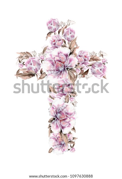牡丹の花で作ったキリスト教十字架 第1回同窓会 キリスト教 バプティスマ イースターの招待状に十字架 のイラスト素材