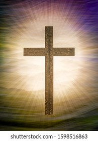 Christian cross on abstract landscape background with rays of glory. Religious Easter.
