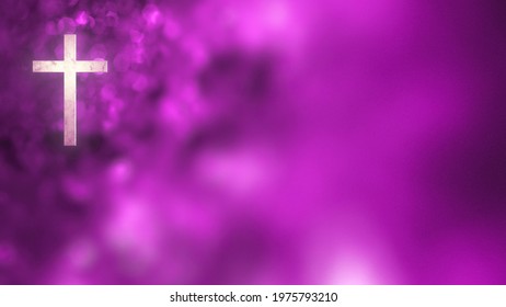 Christian Cross on liturgical purple Horizontal copy space background loop. 3D illustration for online worship and social media greetings represent Advent, Lent seasons and wealth, power and royalty.