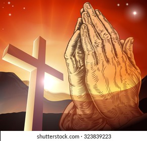 Christian cross and praying hands