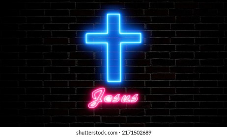 Christian cross symbol and Jesus sign neon light on dark urban background