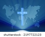 Christian cross. World map behind crucifix. Concept international religious organizations. Symbol of international church. Christian cross in beams of spotlights. Christian denomination. 3d rendering