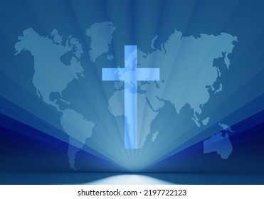 Christian Cross. World Map Behind Crucifix. Concept International Religious Organizations. Symbol Of International Church. Christian Cross In Beams Of Spotlights. Christian Denomination. 3d Rendering