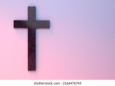 Christian Crucifix. Catholic Cross. Marble Cross On Wall. Religious Perception. Place For Inscription. Christian Denomination. Copy Space. Catholic Religious Cross On Pink. 3d Rendering.