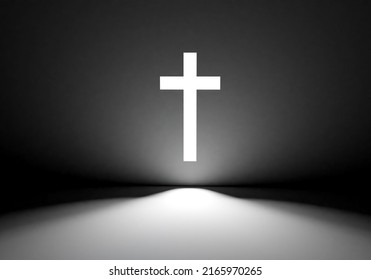 Christian crucifixion. Glowing cross in dark. Religious cross on dark wall. Catholic crucifix for prayer service. Symbol of Christian religion. Holy Cross for Catholics. 3d rendering.