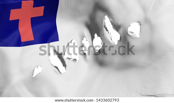 Christian flag perforated, bullet holes, white\
background, 3d\
rendering