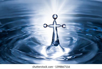 Christian holy water with crucifix cross background. Purity water for ritual.
