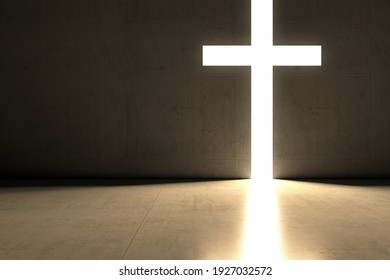 Christian Light Cross And Dark Room 3d Render With Copy Space For Text