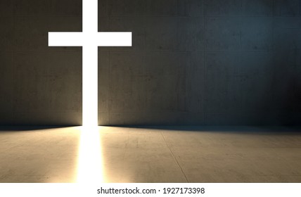 Christian Light Cross And Dark Room 3d Render Background With Copy Space For Text