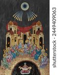 Christian traditional image of Pentecost, White Sunday. Religious illustration on black stone wall background in Byzantine style