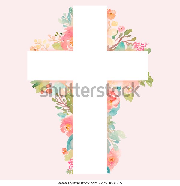 ピンクの背景にキリスト教の水彩の花十字架 バプティスマの招待 ファースト コミュニション イースターに最適 のイラスト素材