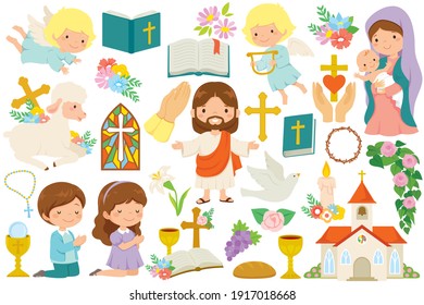 Christianity Clipart Bundle. Various Religious Symbols And Cartoon Characters Of Jesus, Mary, Cute Angels And Praying Kids.