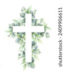 Christianity cross of green eucalyptus leaves. Easter catholic religious symbol.  Illustration for Epiphany, Christening, baptism, church and holidays.