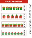 Christmas activity sheet. Count and circle the correct number. Counting educational children game. Math kids activity sheet. How many counting game with cute christmas illustration.