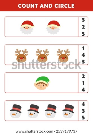 Christmas activity sheet. Count and circle the correct number. Counting educational children game. Math kids activity sheet. How many counting game with cute christmas illustration.
