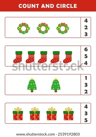 Christmas activity sheet. Count and circle the correct number. Counting educational children game. Math kids activity sheet. How many counting game with cute christmas illustration.