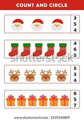 Christmas activity sheet. Count and circle the correct number. Counting educational children game. Math kids activity sheet. How many counting game with cute christmas illustration.