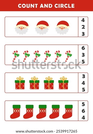 Christmas activity sheet. Count and circle the correct number. Counting educational children game. Math kids activity sheet. How many counting game with cute christmas illustration.