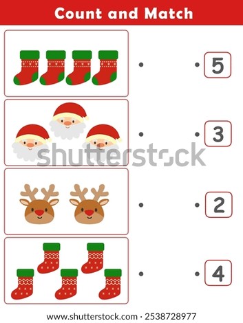Christmas activity sheet. Counting educational children game. Math kids activity sheet. How many counting game with cute christmas illustration.