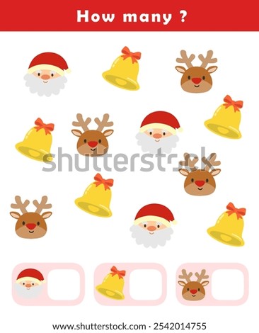 Christmas activity sheet. Counting educational children game. Math kids activity sheet. How many counting game with cute christmas illustration.