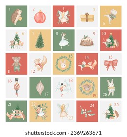 Christmas advent calendar. Hand drawn elements and numbers. Winter holidays calendar cards set design with animals - Powered by Shutterstock