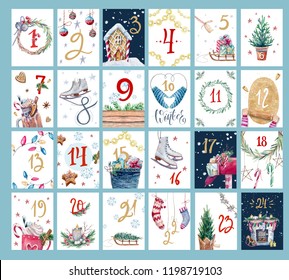 Christmas advent calendar with watercolor illustration.  Set of cute christmas cards.