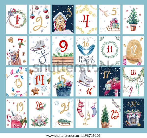水彩イラストとクリスマスアドバントカレンダー かわいいクリスマスカードのセット のイラスト素材 1198719103