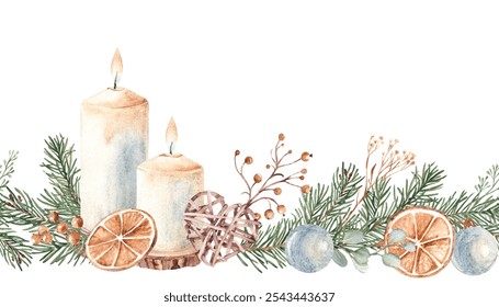 Christmas Advent Horizontal Watercolor seamless border pattern. Candles with Fir Branches and Eucalyptus. Orange slices and Wicker Toy Heart. Cozy home decoration in Rustic style. Hand drawn - Powered by Shutterstock