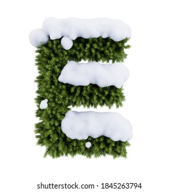 Christmas Alphabet ABC Character Letter E Font With Snow. Christmas Tree Branches Capital Letters Decoration Type. Highly Realistic 3d Rendering Illustration. Text Font Isolated On White Background