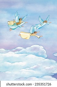 Christmas Angels Flying Over Beautiful Sky. Watercolor Illustration.