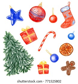 Christmas attributes painted and colour pencils white background  Fir  tree  gift  lollipop  Christmas sock  dried orange  Christmas tree  Christmas ball 