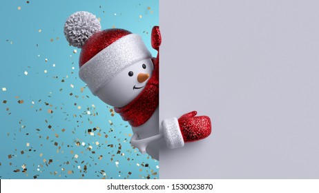 Christmas Background. 3d Snowman Holding White Board. Winter Holiday Blank Banner Template. Happy New Year Greeting Card Mockup. Funny Festive Character.