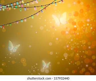 Christmas background with butterfly and Christmas lights.