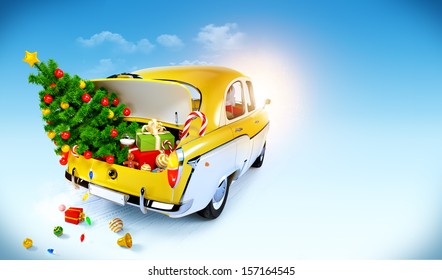 Christmas Background. Car With Gifts In Trunk